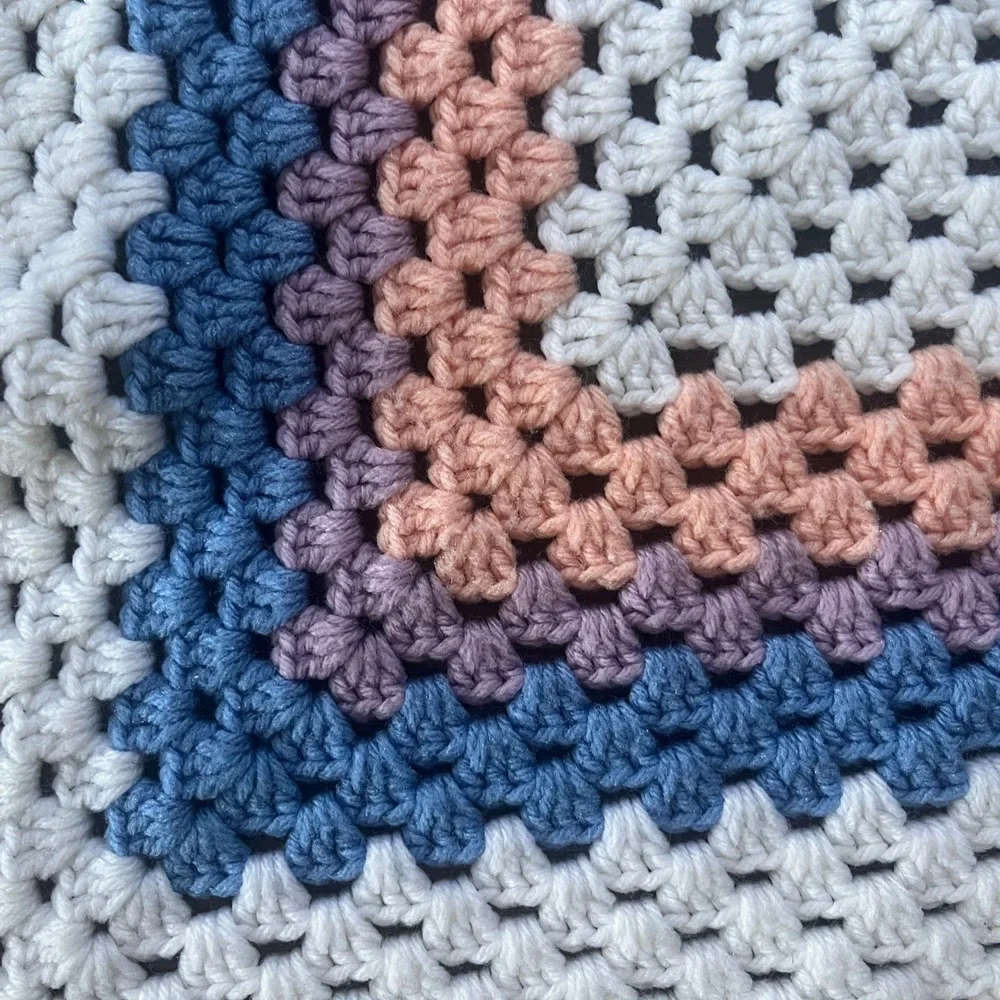Handmade Crochet Granny Square Baby Blanket Cream Pink Blue Purple 34x36